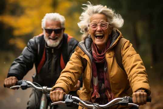 zeigt zwei ältere Menschen Fahrradfahren. Thema fit im Alter