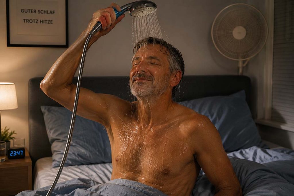 Mann duscht im Bett wegen der großen Hitze