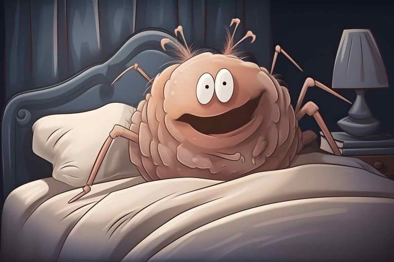 Blog 98 Zeigt ein Bild Illustration von einer Milbe im Bett