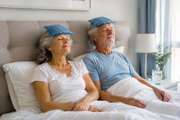 Paar im Bett mit Eispats auf dem Kopf, da es sehr heiß ist