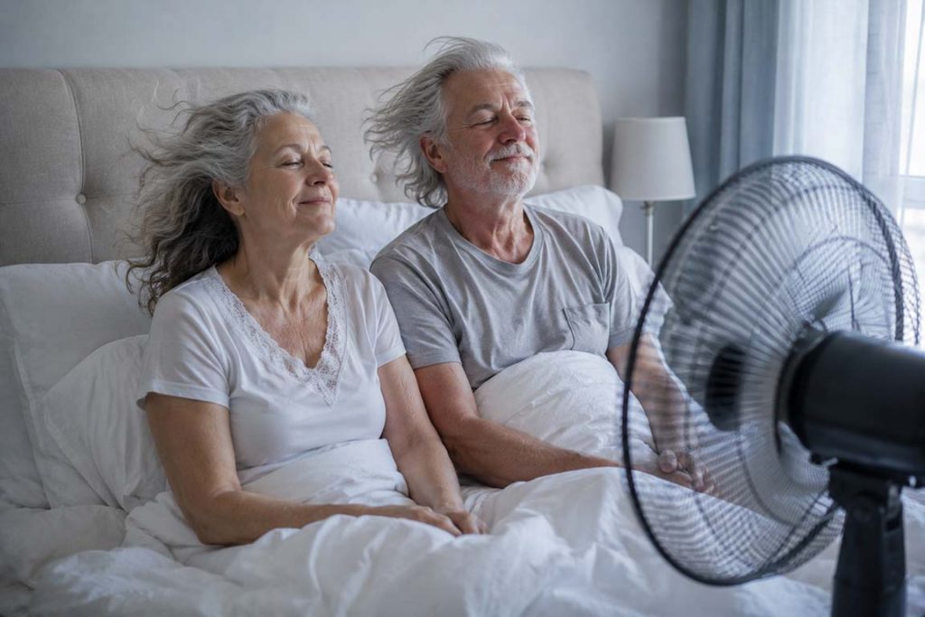 Paar-mit-Ventilator im Bett,in heißen Tagen