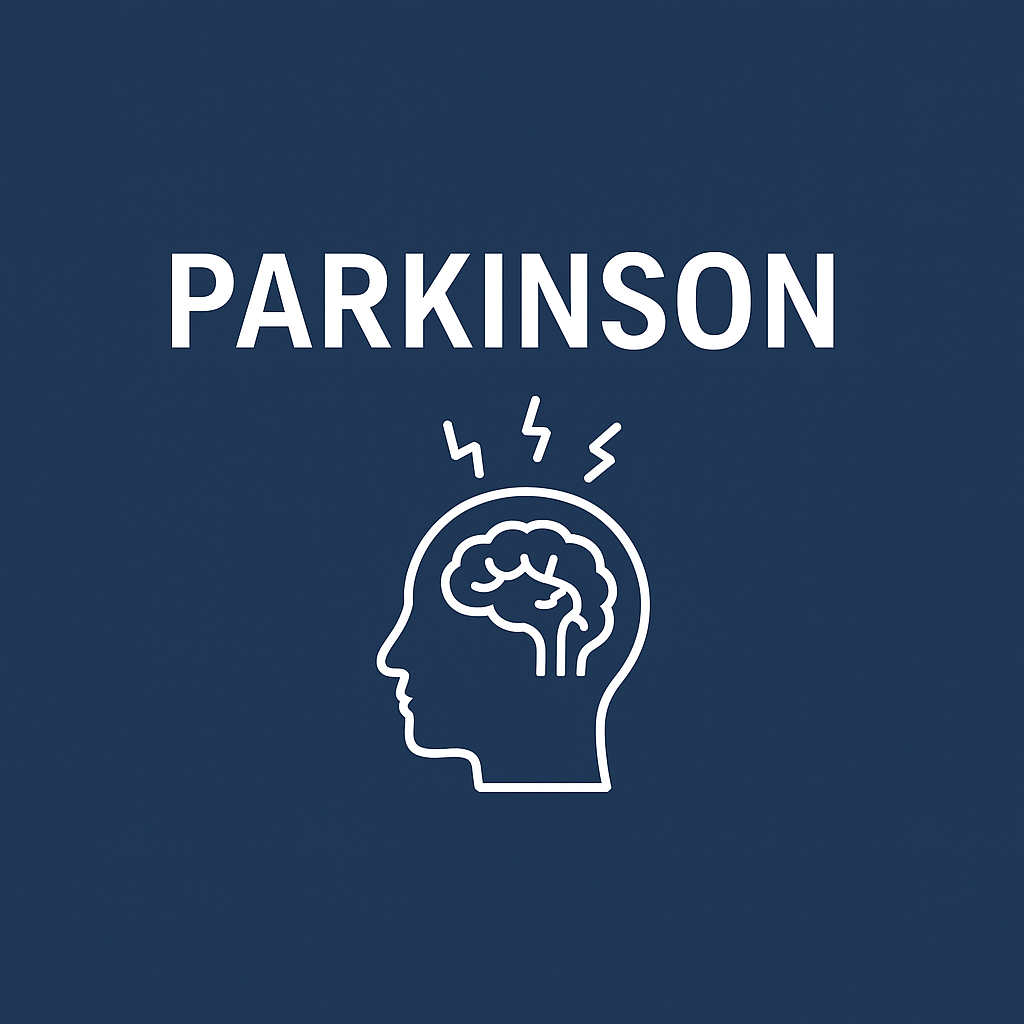 Zeigt ein Bild mit der Aufschrift Parkinson und eine Abbildung einer Kopf Zeichnung.