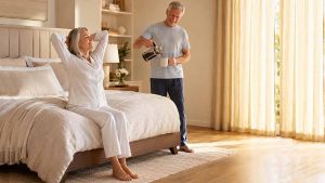 Mann und Frau im Schlafzimmer, gut geschlafen, Mann schenkt Kaffee ein